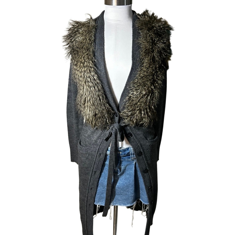 Ann Taylor Long Cardigan XS Gray Wool Aplaca Faux Fur Collar - Picture 2 of 7